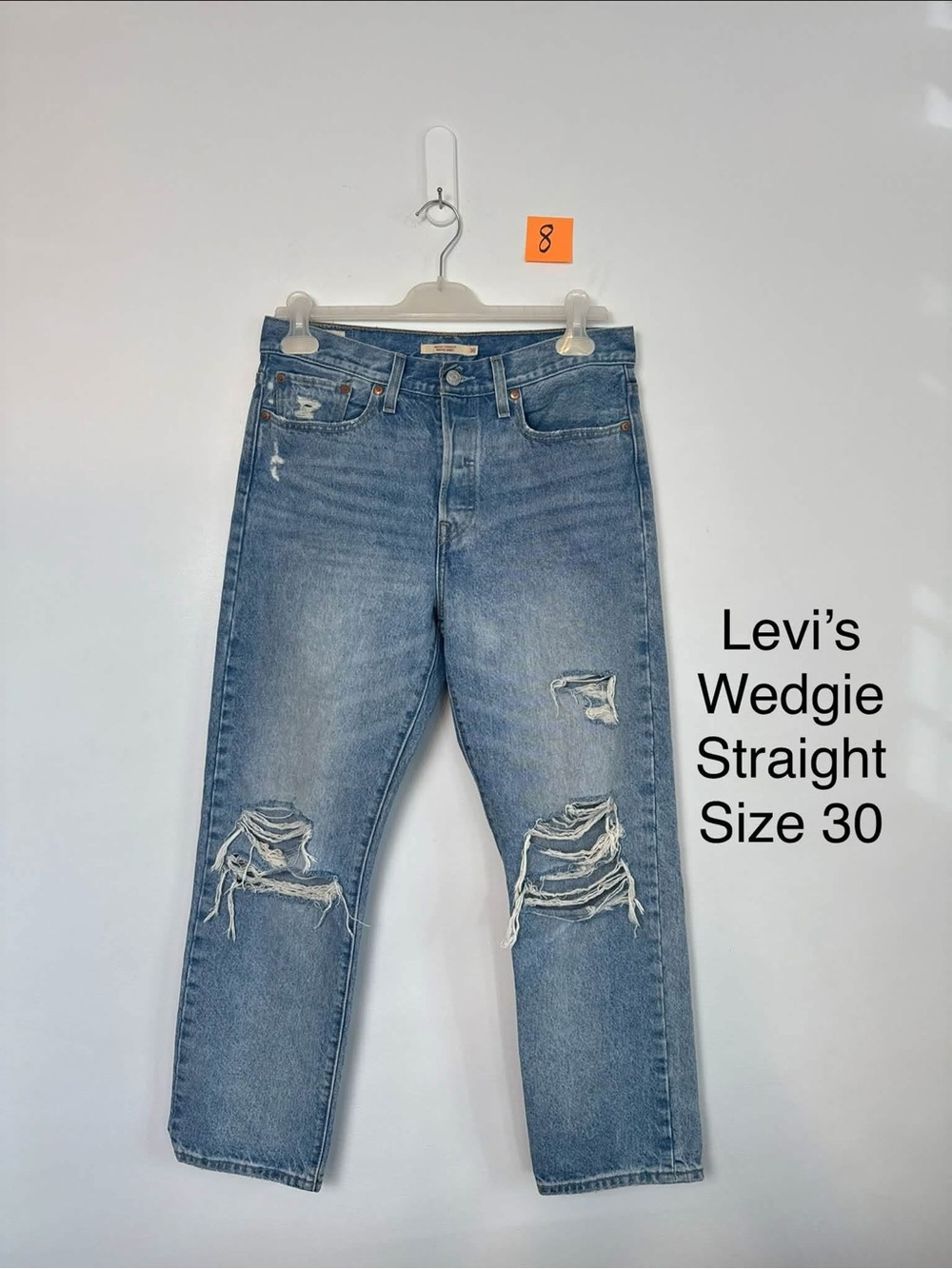 LEVI’S - Wedgie Straight Jeans Distressed rip knee. 100% cotton Button Fly. 30